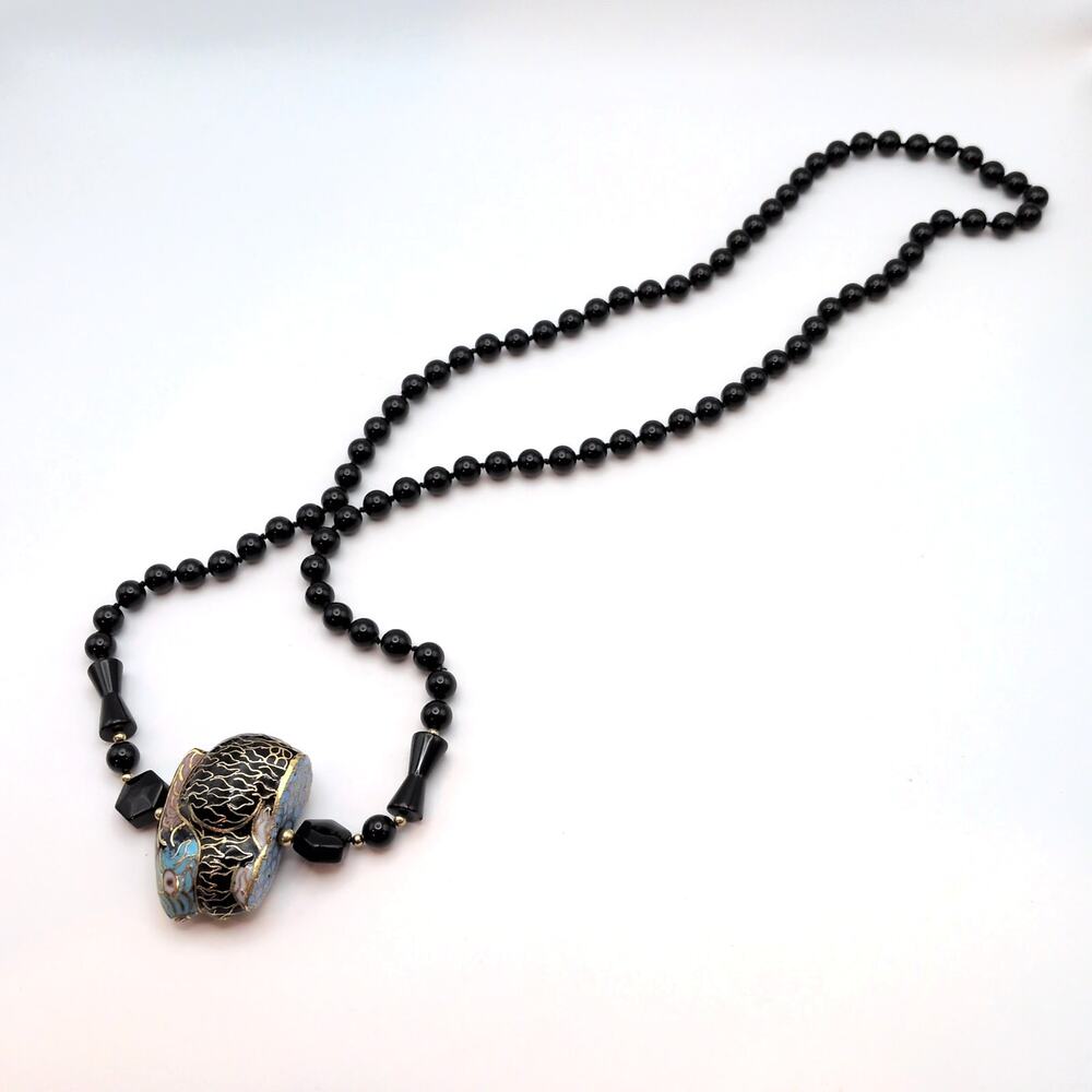 Vintage Black Onyx Beaded Necklace Large Closionne Bunny 10k Gold Spacers 32.5in